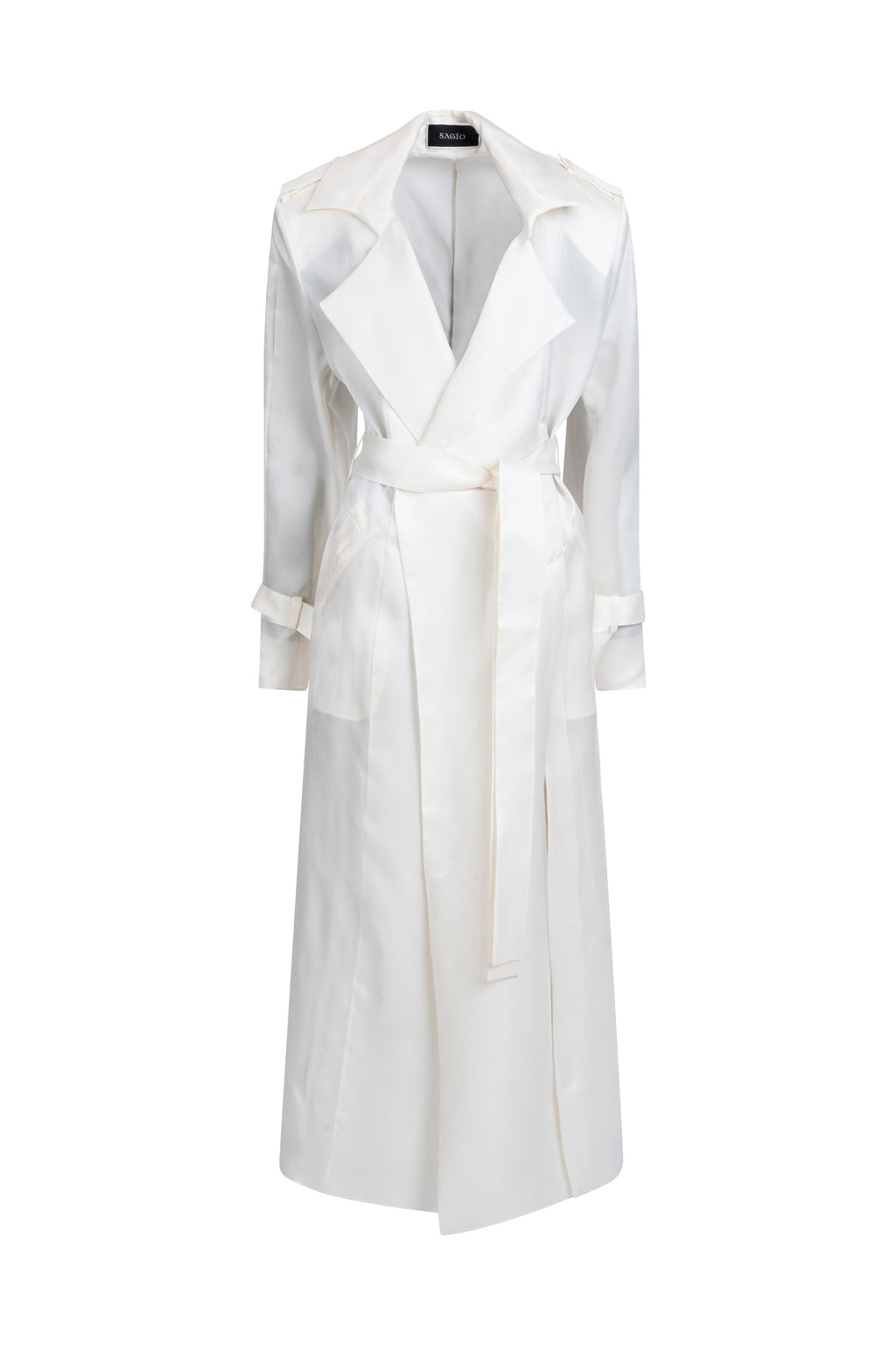 Women’s white silk trench coat with belt and wide lapels, front view.