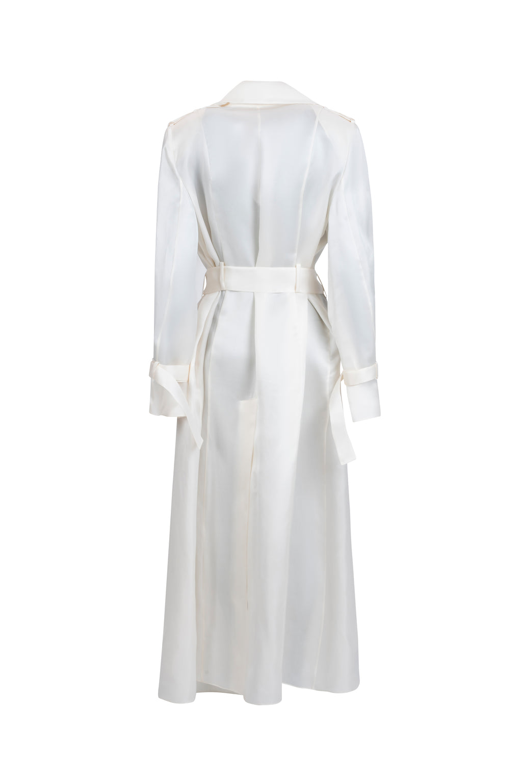 Women’s ivory silk trench coat with belt and tie cuffs, back view