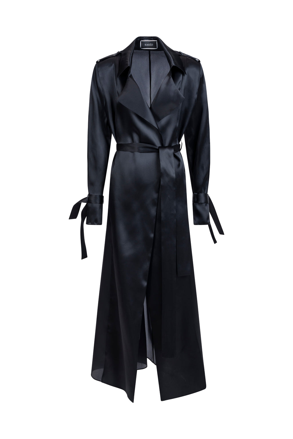 Women’s black silk trench coat with belt and wide lapels, front view.