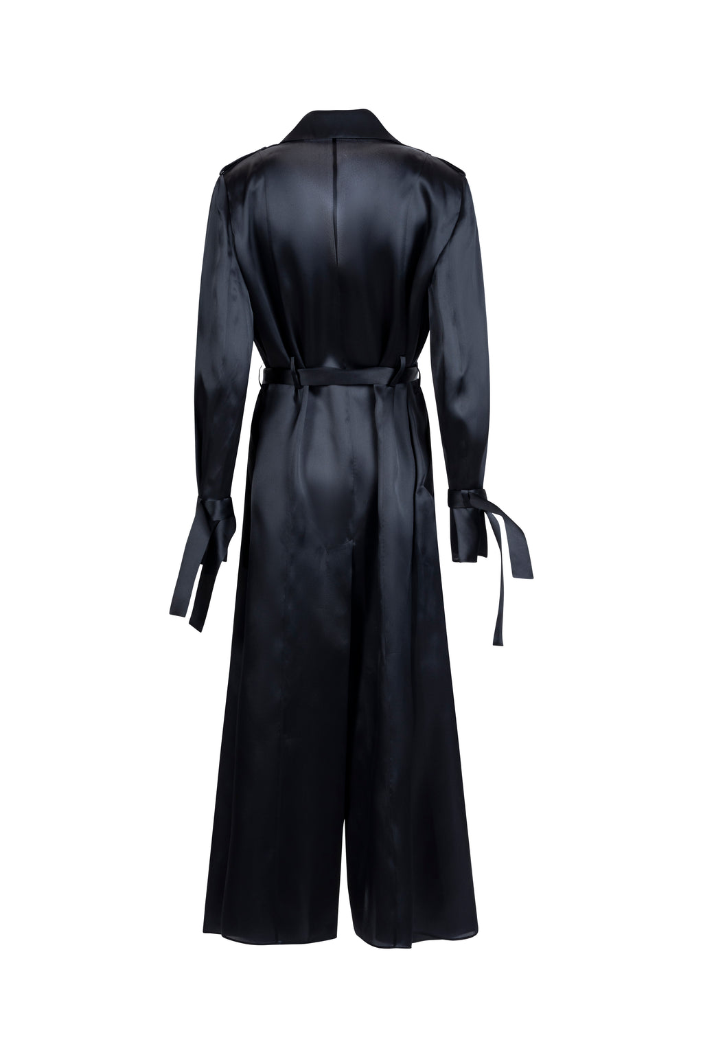 Women’s black silk trench coat with belt and tie cuffs, back view.