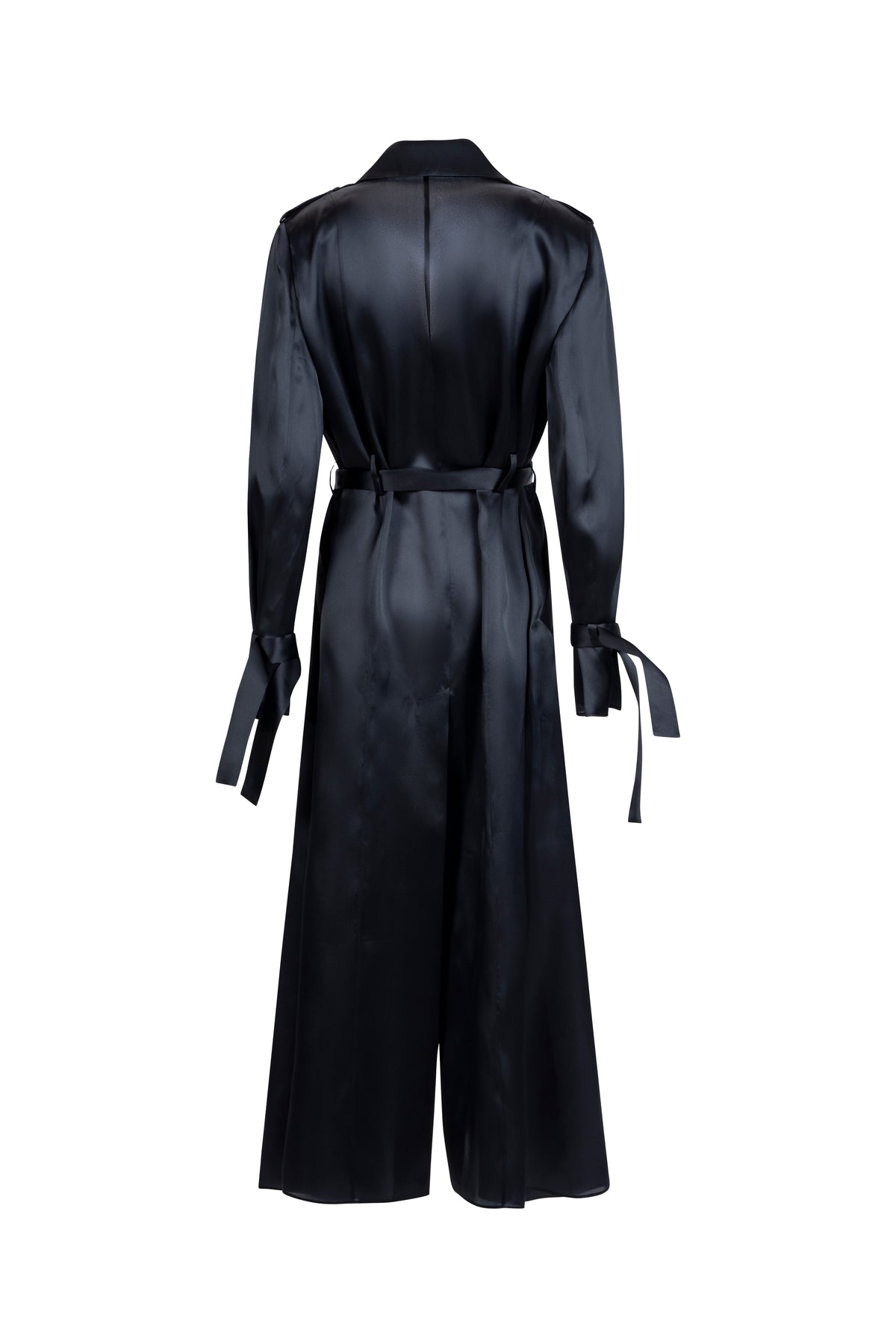 Women’s black silk trench coat with belt and tie cuffs, back view.