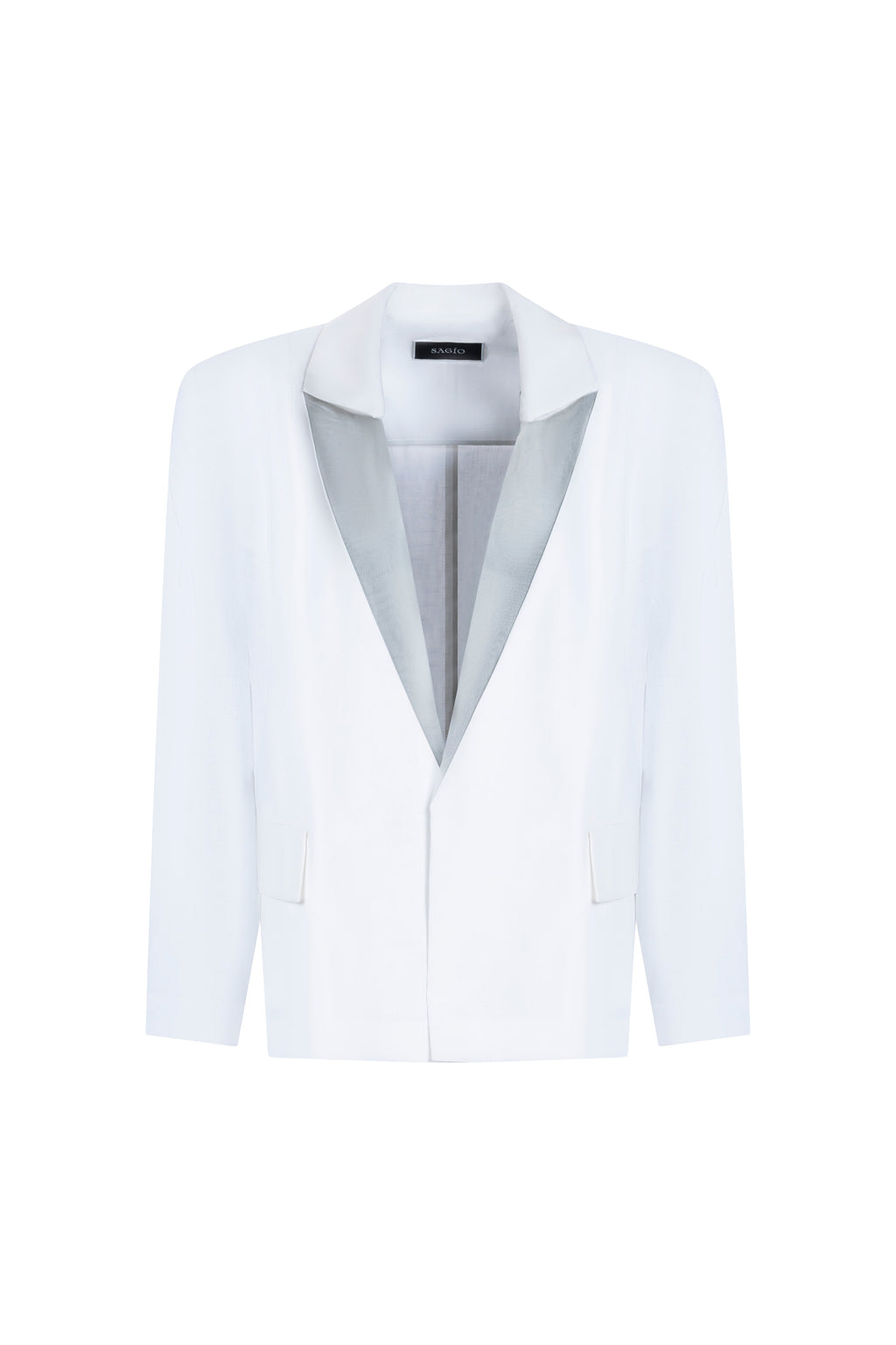 Light blue linen silk blazer front view with sheer lapels and hidden closure