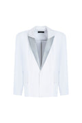 Light blue linen silk blazer front view with sheer lapels and hidden closure