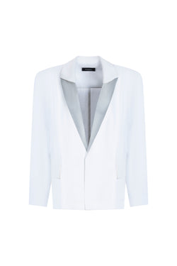 Light blue linen silk blazer front view with sheer lapels and hidden closure