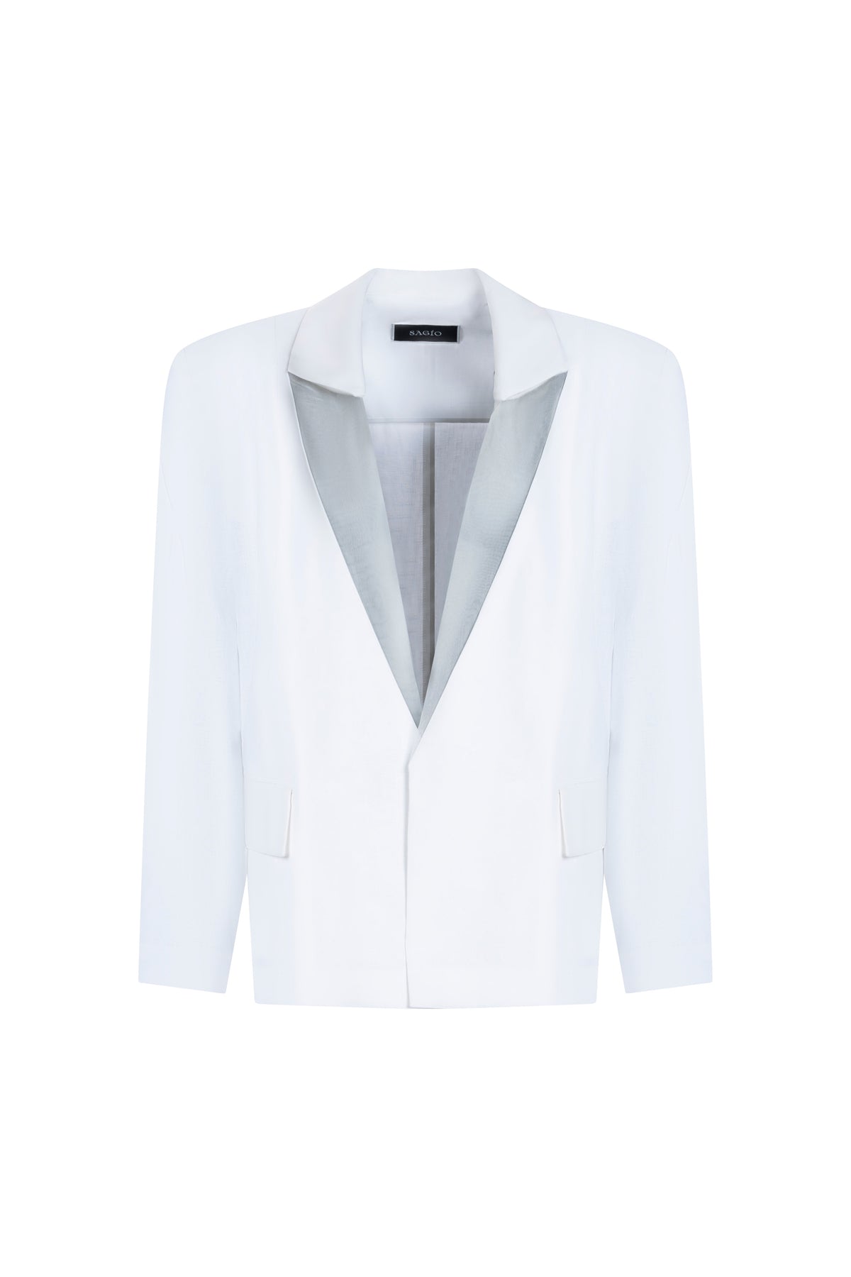 Light blue linen silk blazer front view with sheer lapels and hidden closure
