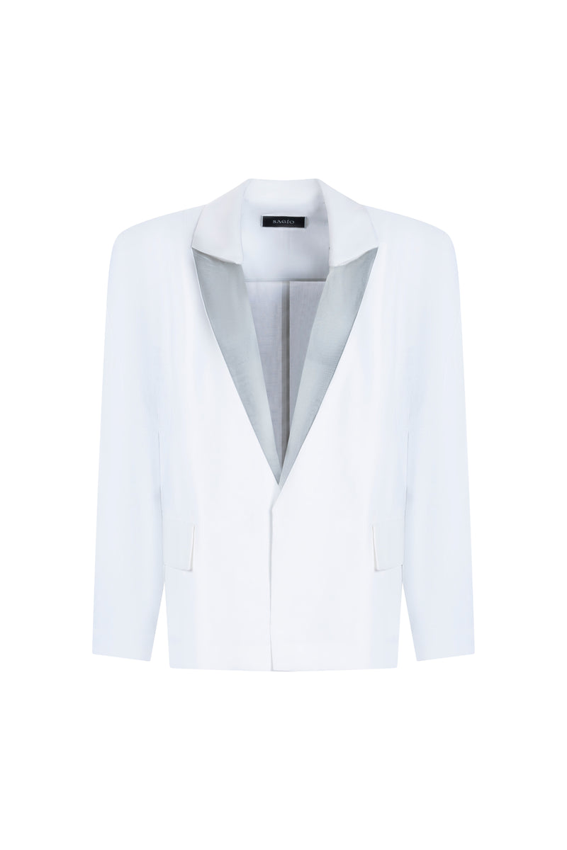 Light blue linen silk blazer front view with sheer lapels and hidden closure