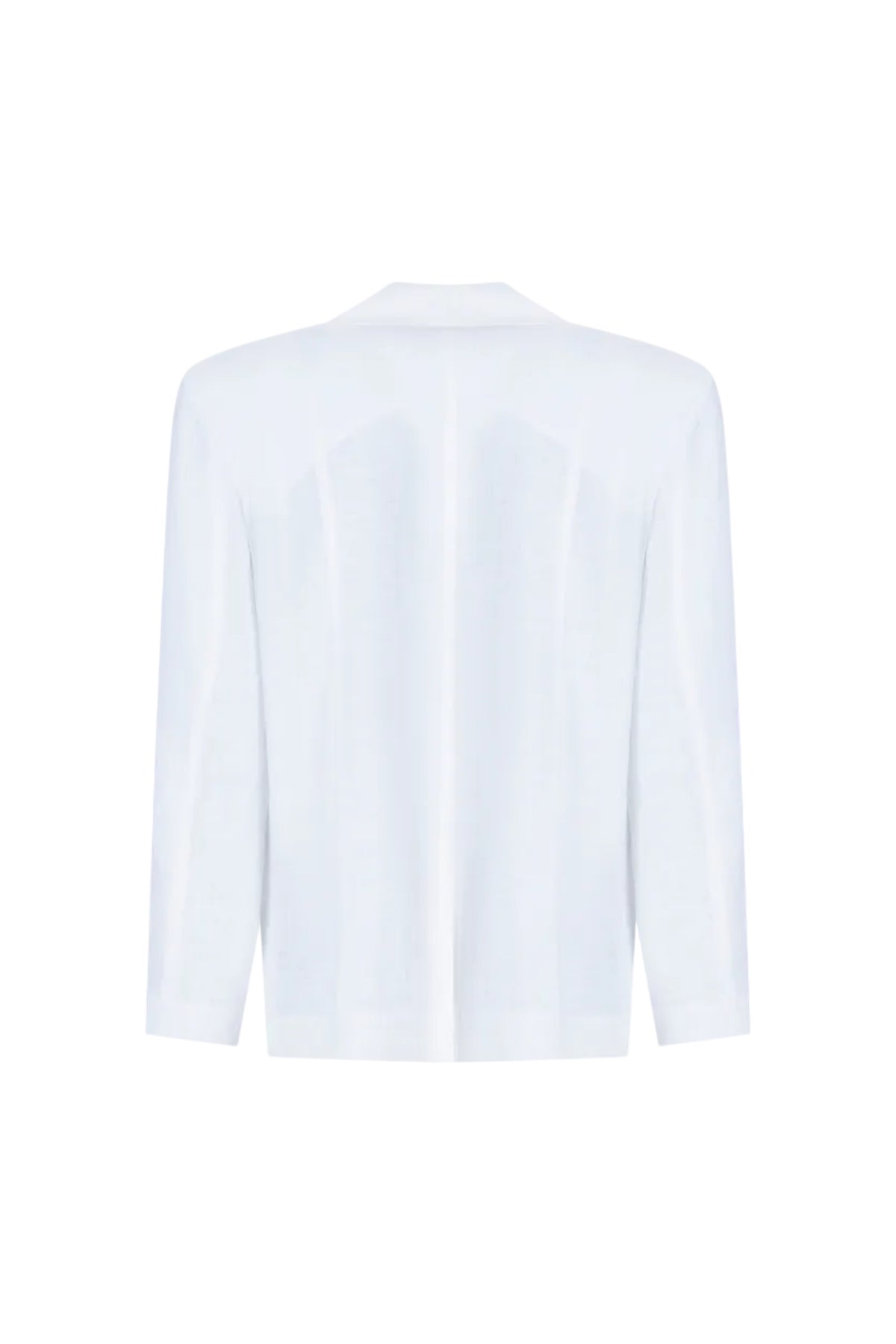 Light blue tailored blazer back view with semi-sheer construction