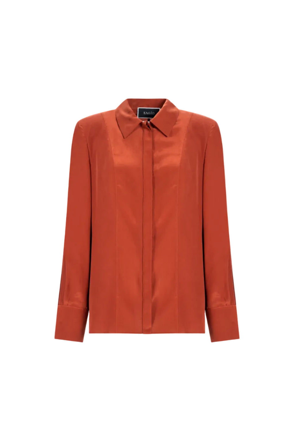 Red silk shirt by SAGIO with tailored fit and covered placket front view