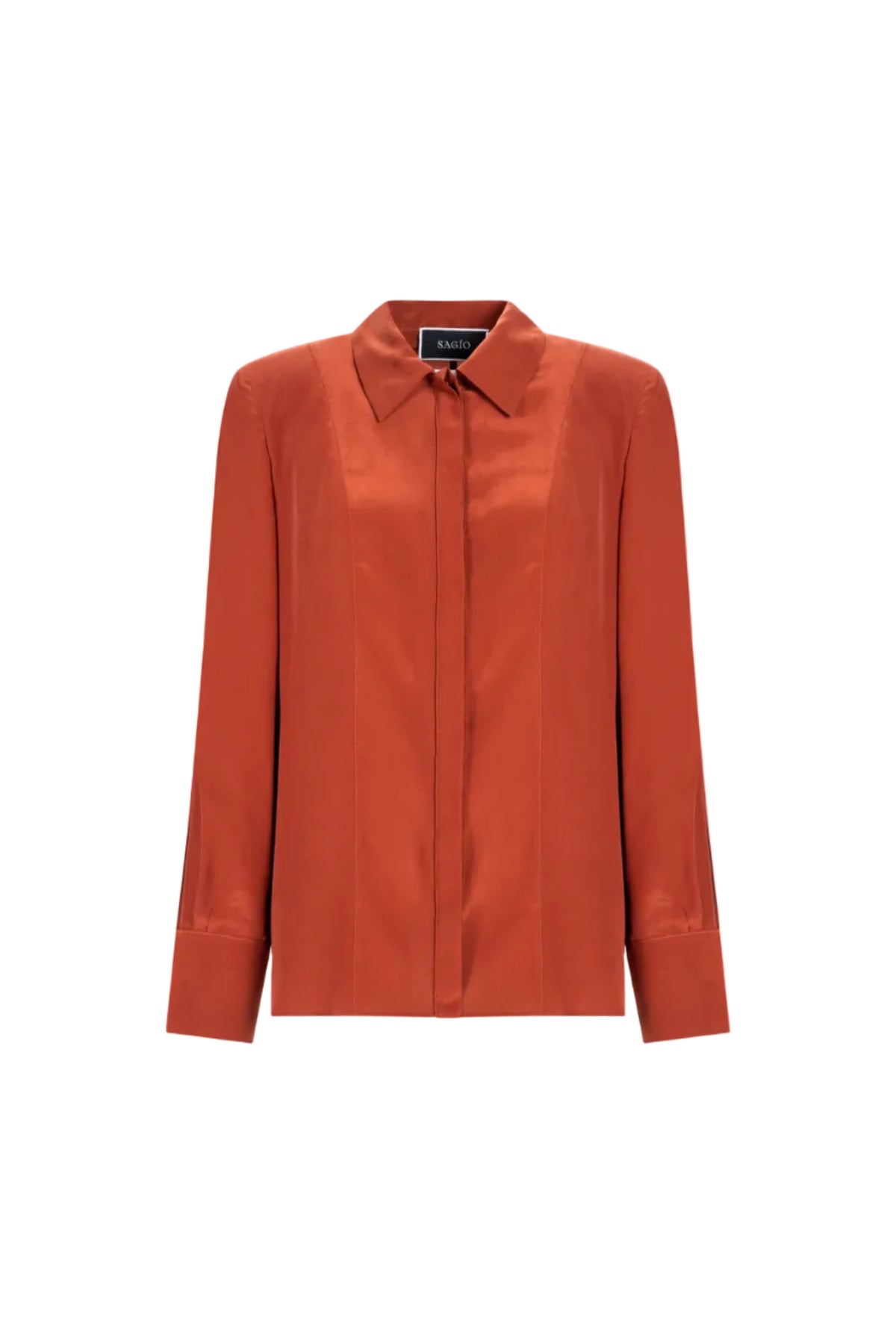 Red silk shirt by SAGIO with tailored fit and covered placket front view
