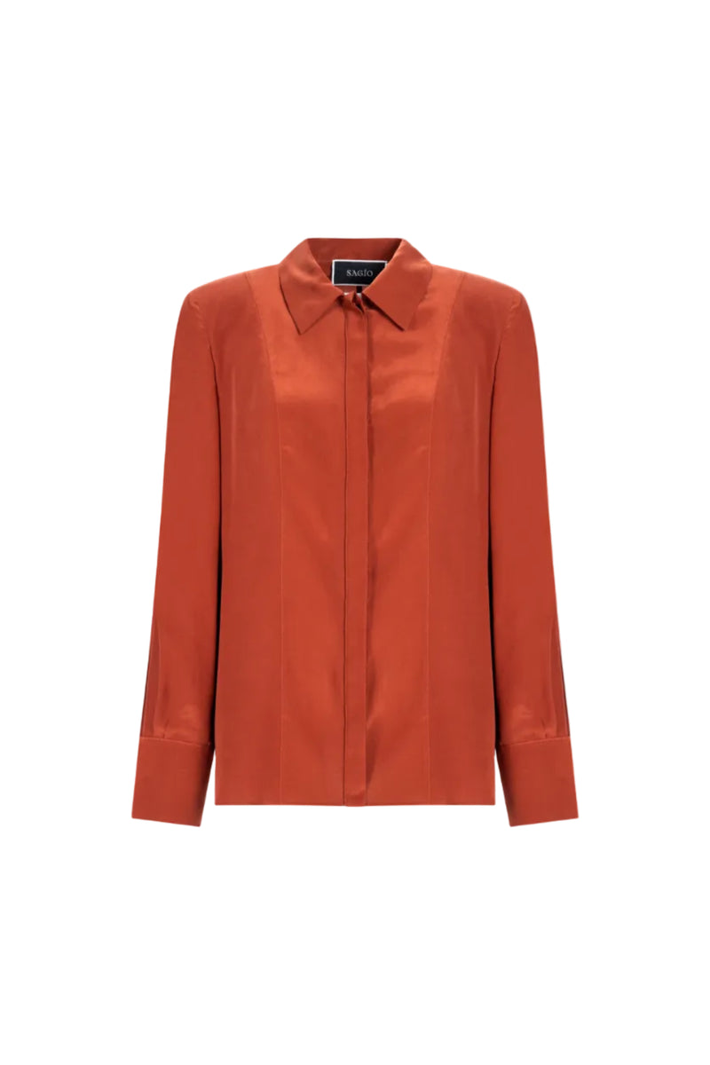 Red silk shirt by SAGIO with tailored fit and covered placket front view