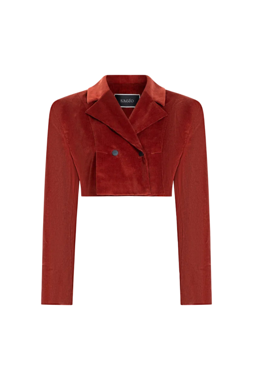 Cropped double-breasted velvet jacket, Terracotta, front detail and collar
