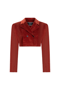 Cropped double-breasted velvet jacket, Terracotta, front detail and collar