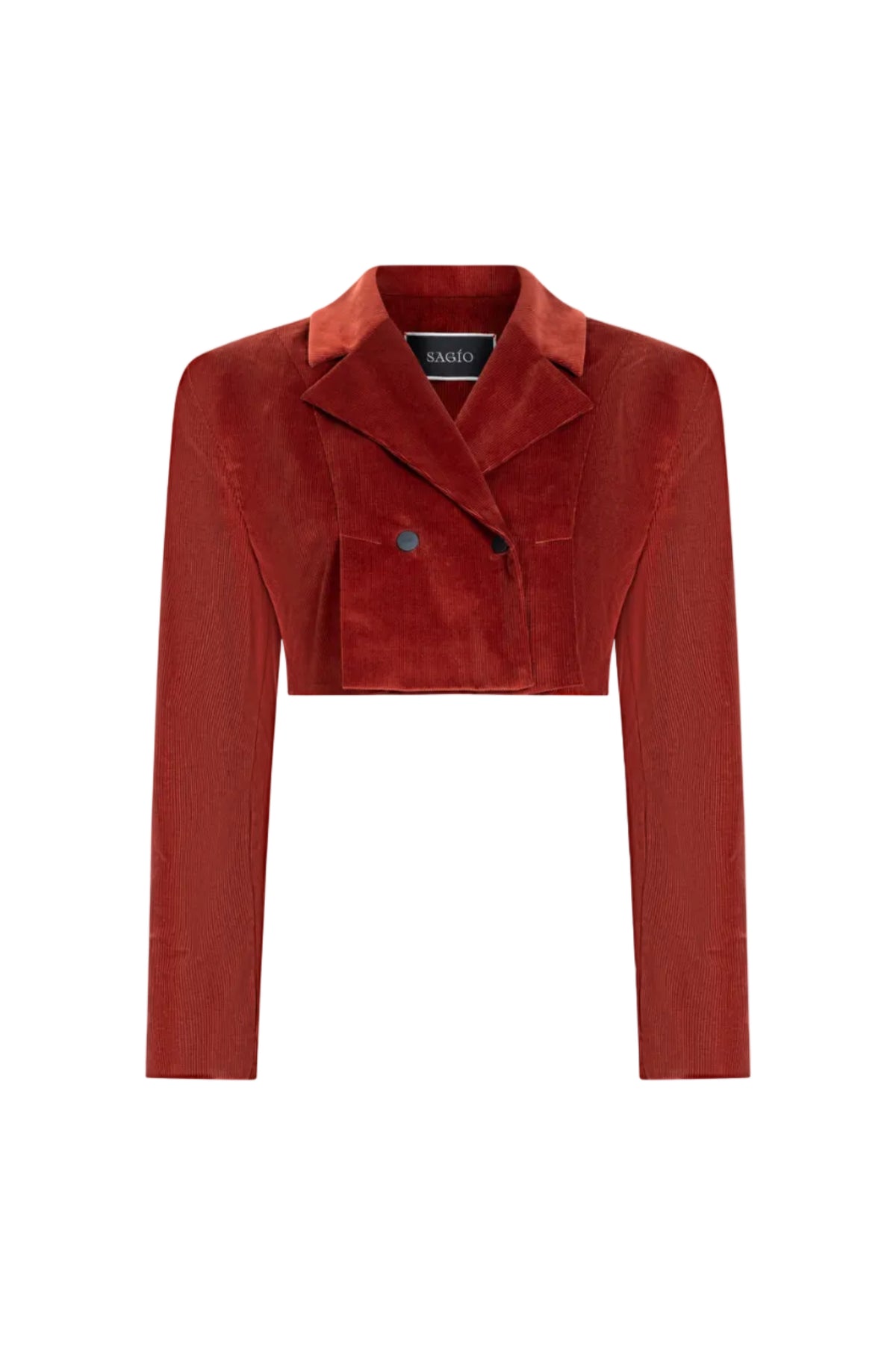 Cropped double-breasted velvet jacket, Terracotta, front detail and collar