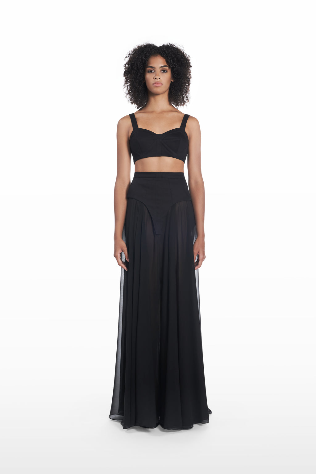 Long Underwear Application Skirt in black, front view with sheer full-length silhouette and sculpted high waist