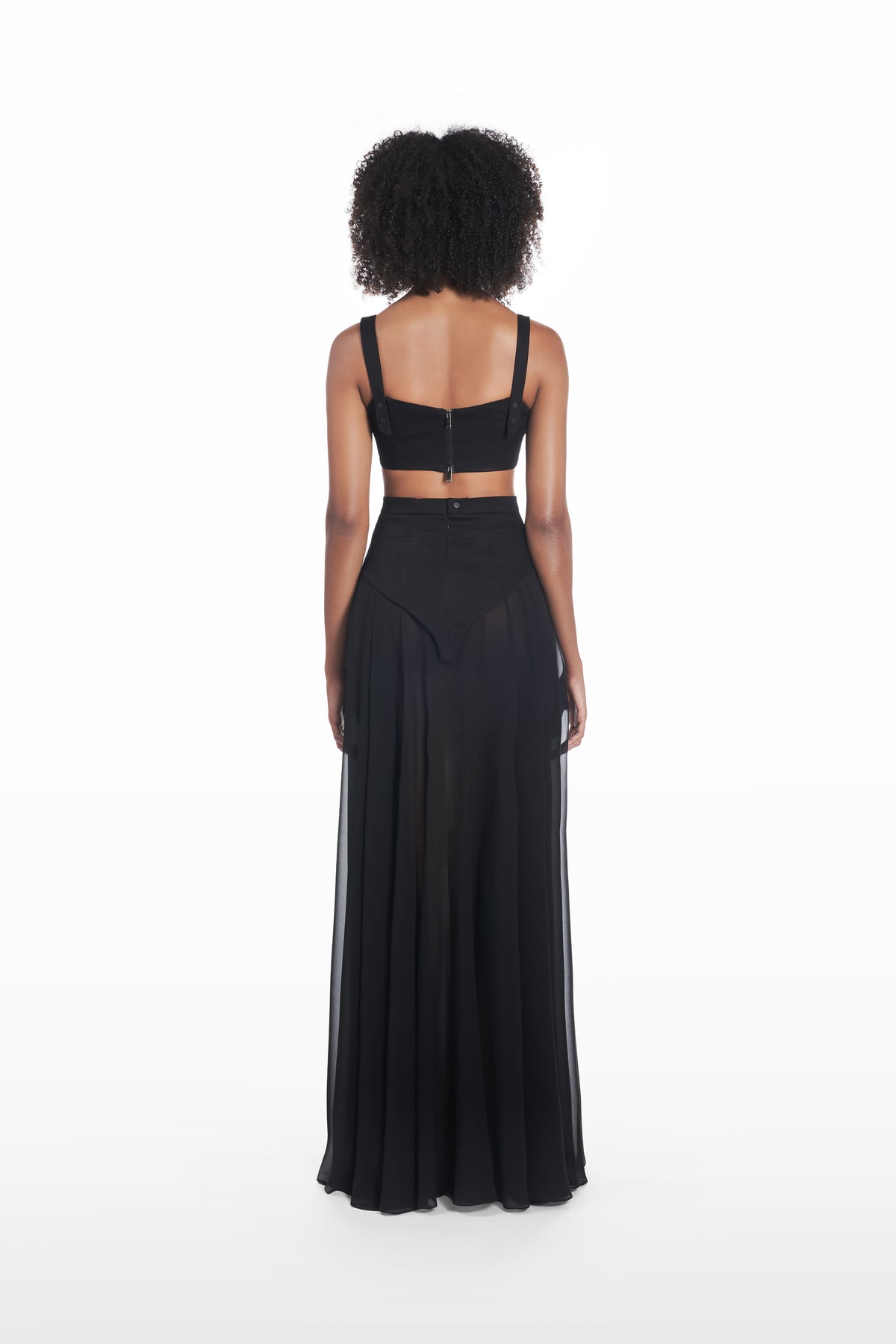 Long Underwear Application Skirt in black, back view with sheer maxi silhouette and structured high waist