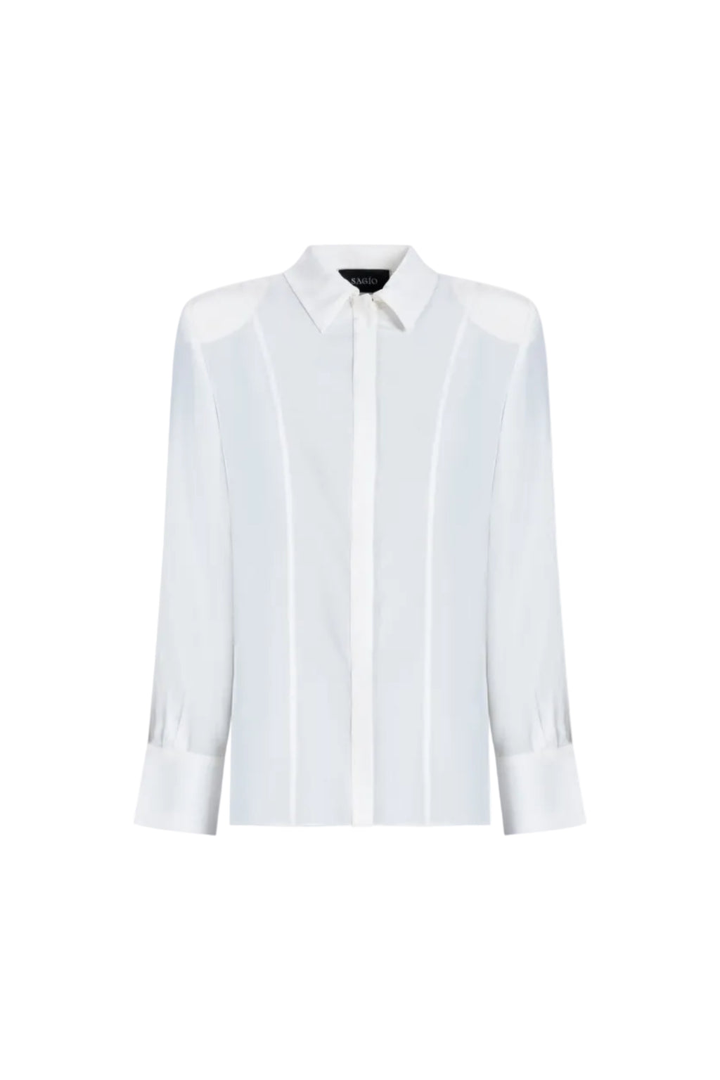 White silk shirt by SAGIO with long sleeves and shoulder pads front view