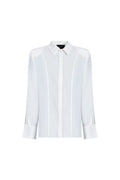 White silk shirt by SAGIO with long sleeves and shoulder pads front view
