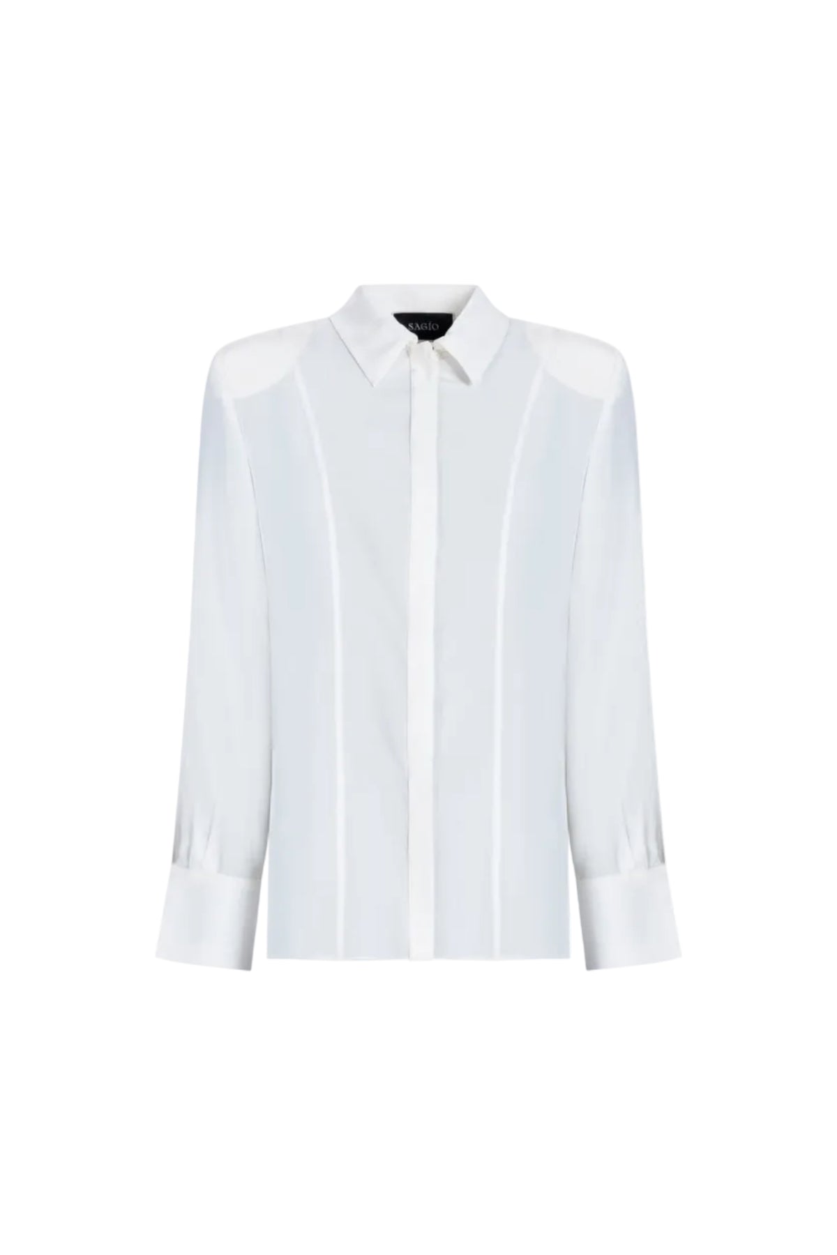 White silk shirt by SAGIO with long sleeves and shoulder pads front view