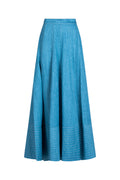 Blue quilted denim skirt, front view, contrast stitching