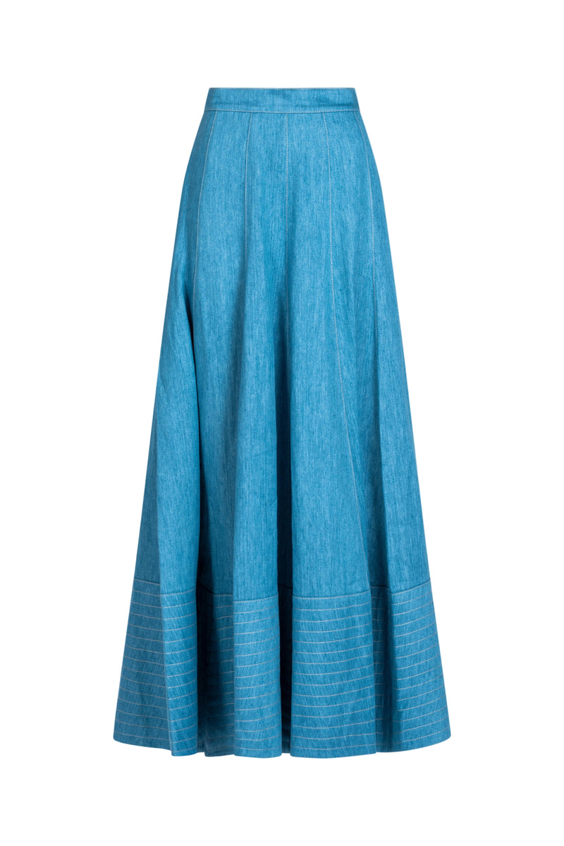 Blue quilted denim skirt, front view, contrast stitching