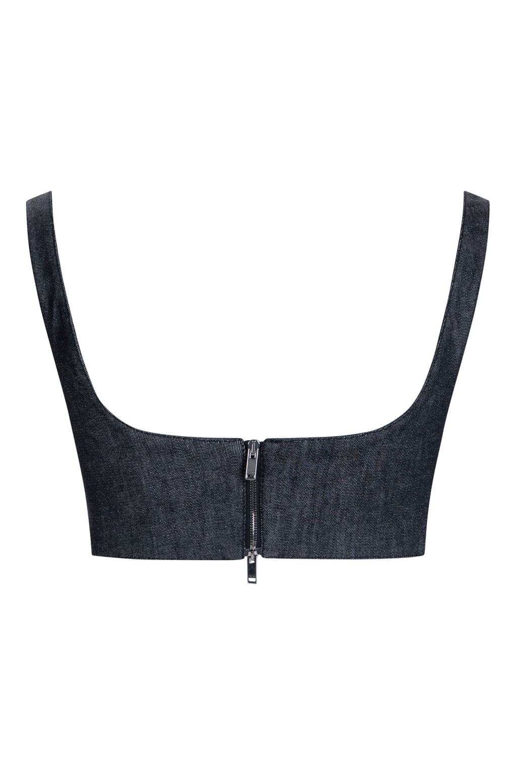 Quilted bustier top, dark indigo, back view with zipper