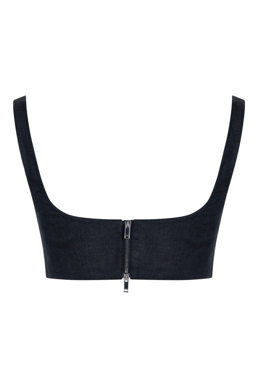 Quilted bustier top, dark indigo, back view, studio shot