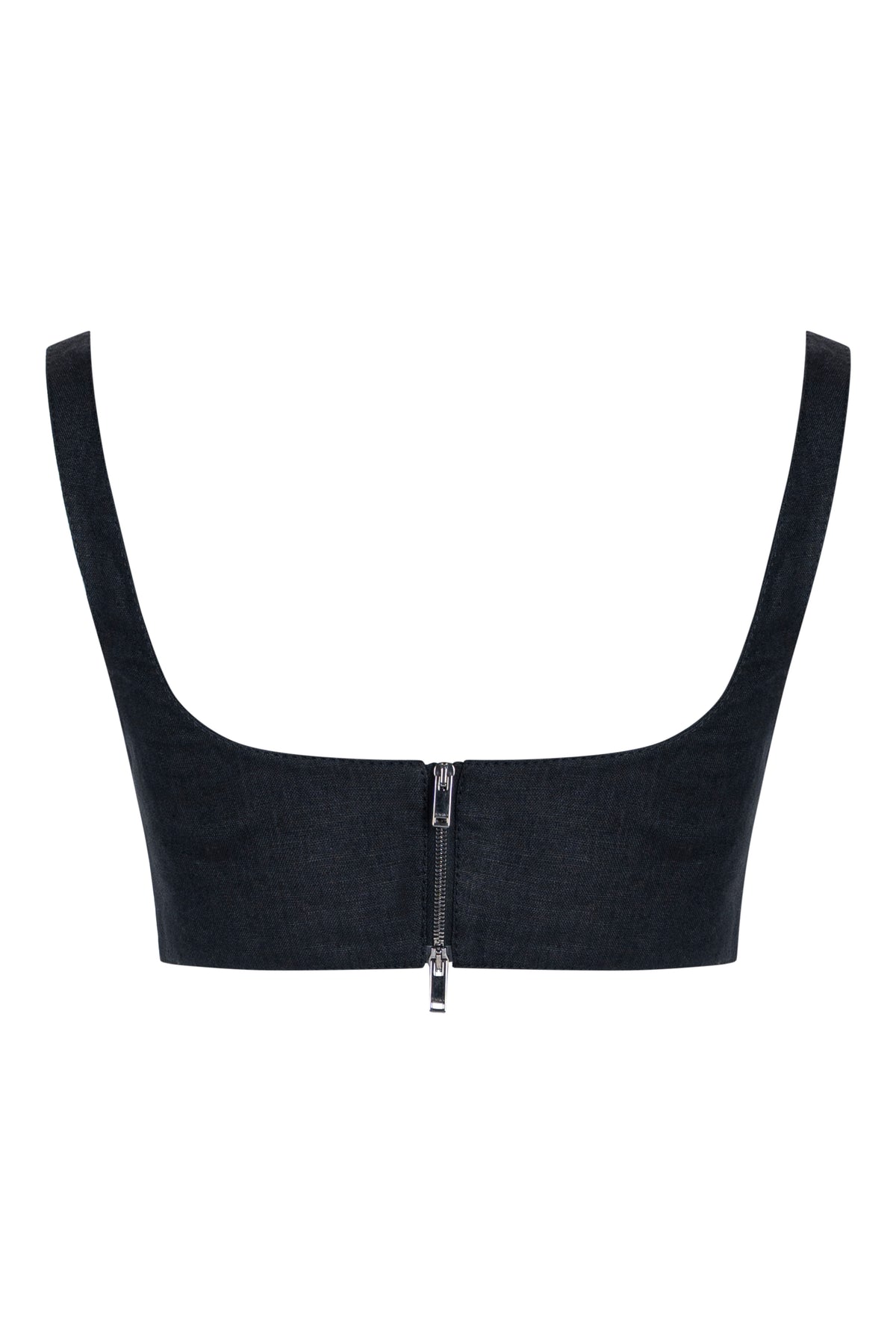 Quilted bustier top, dark indigo, back view, studio shot