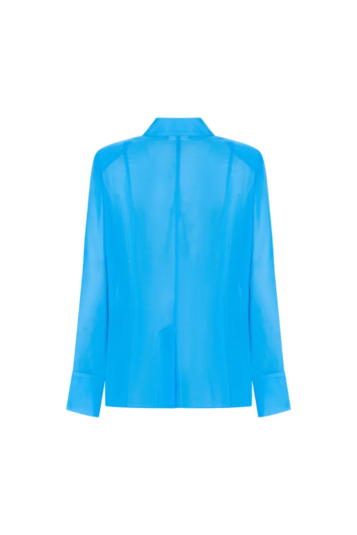 Blue silk shirt by SAGIO with relaxed fit and open cuff design back view