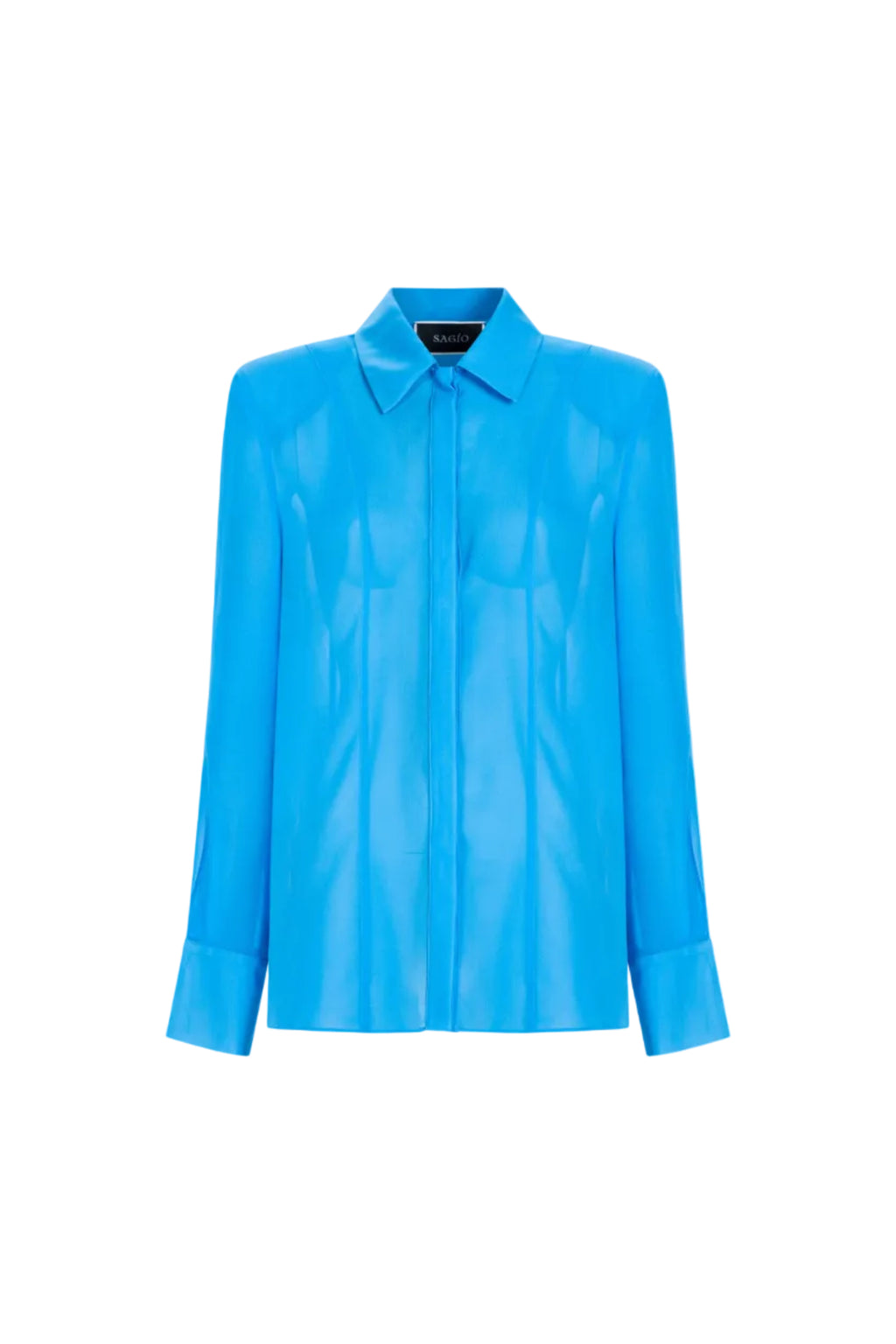 Blue silk shirt by SAGIO with soft sheen and long sleeves front view
