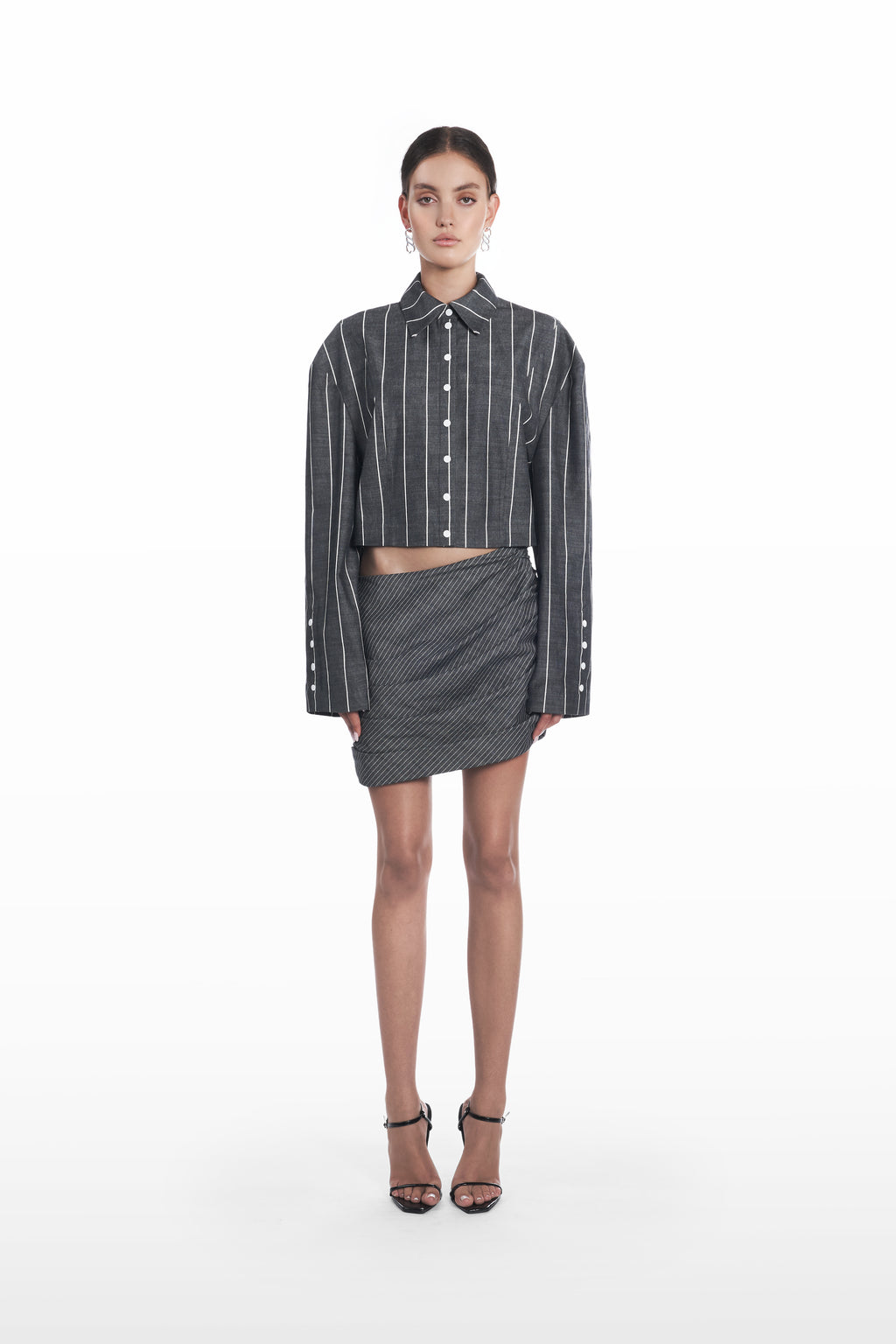 Wide Stripes Shirt in dark grey and white, front view, oversized striped designer shirt