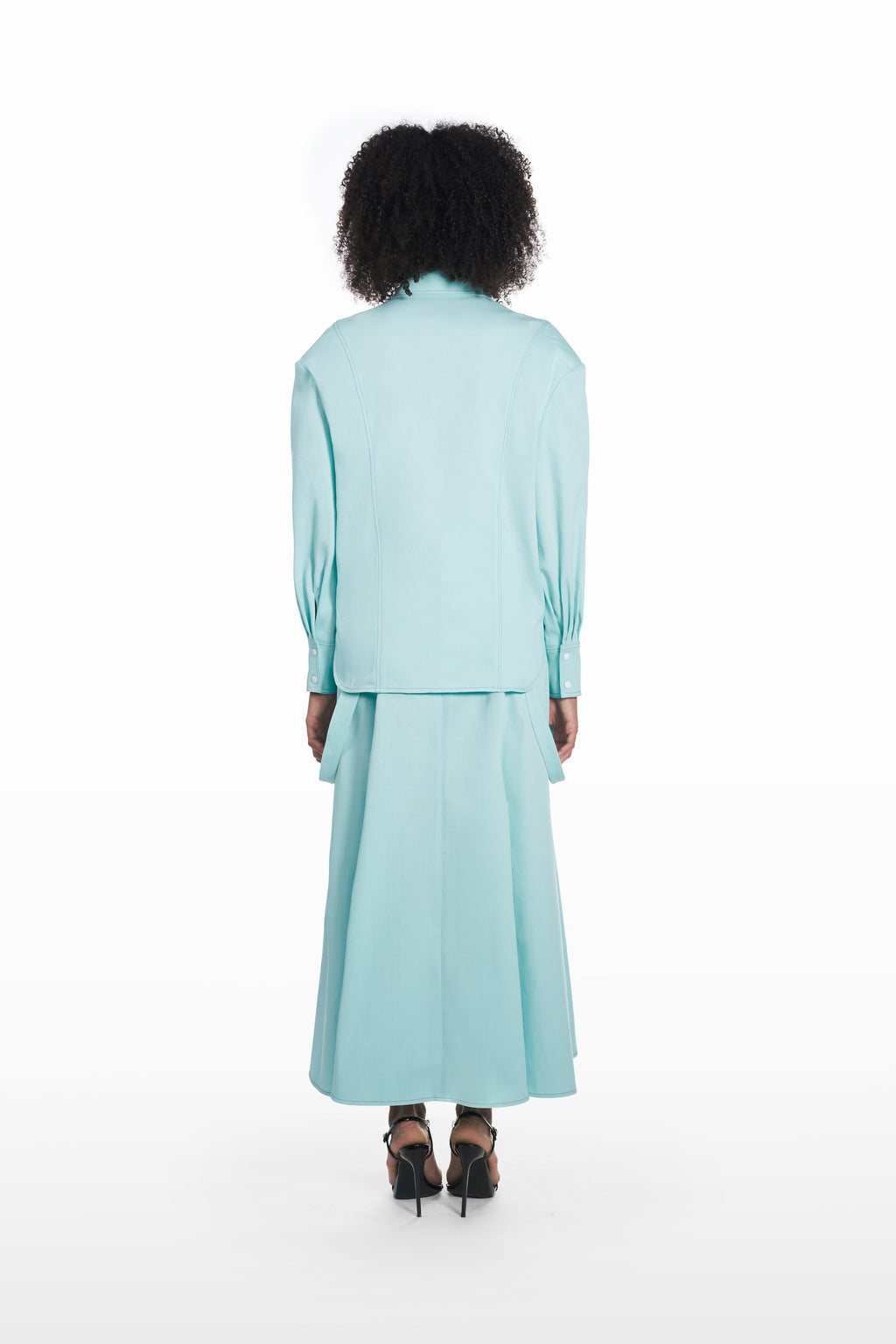 Oversize Falling Shoulder Shirt in Clear Aqua, back view, oversized structured cotton shirt with clean back line and sculptural drape