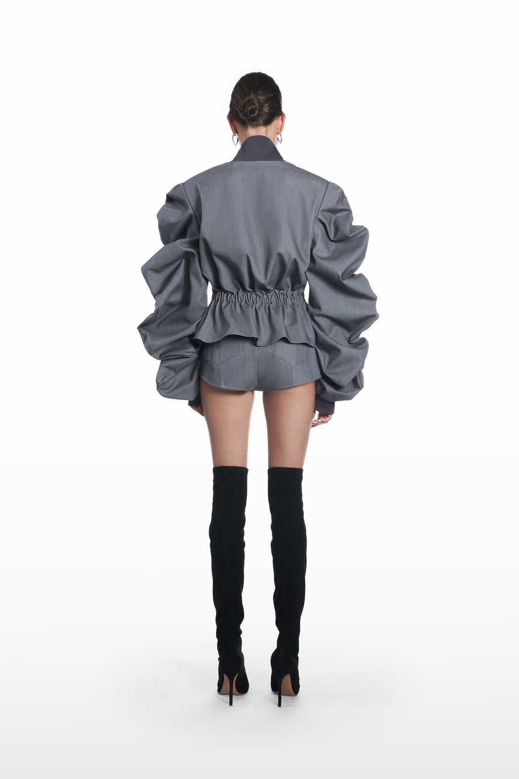 Medusa Short Parka in grey, back view, gathered waist and exaggerated sleeves