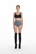 Underwear mini shorts in grey, front view with high-waisted sculpted silhouette styled with a black cropped top