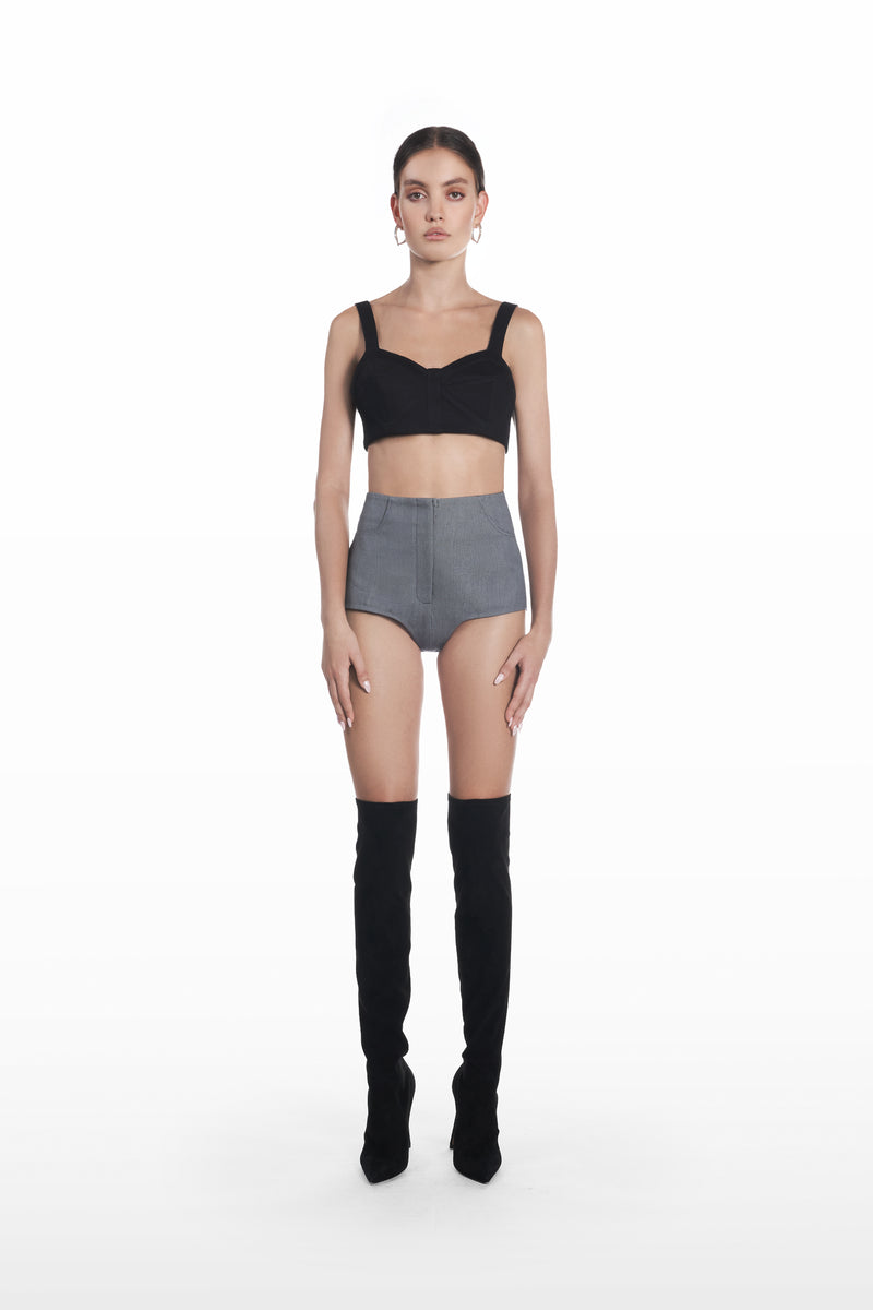Underwear mini shorts in grey, front view with high-waisted sculpted silhouette styled with a black cropped top