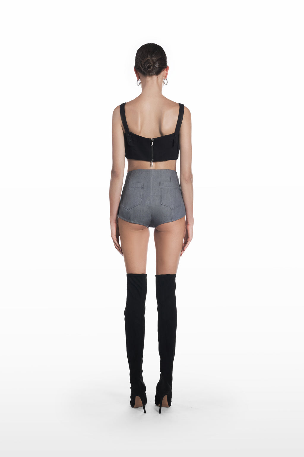 Underwear mini shorts in grey, back view with high-rise fit and structured cotton silhouette