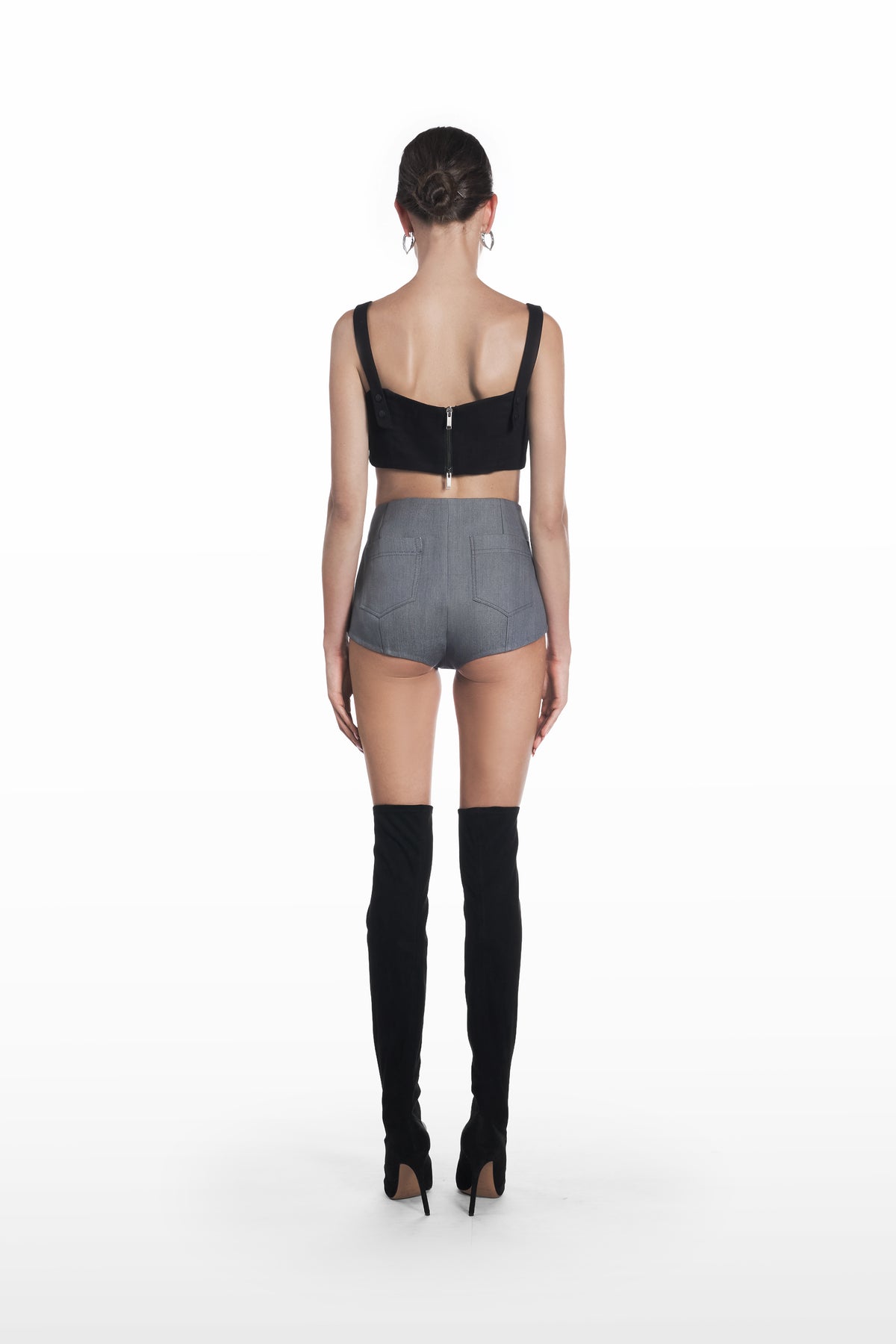 Underwear mini shorts in grey, back view with high-rise fit and structured cotton silhouette