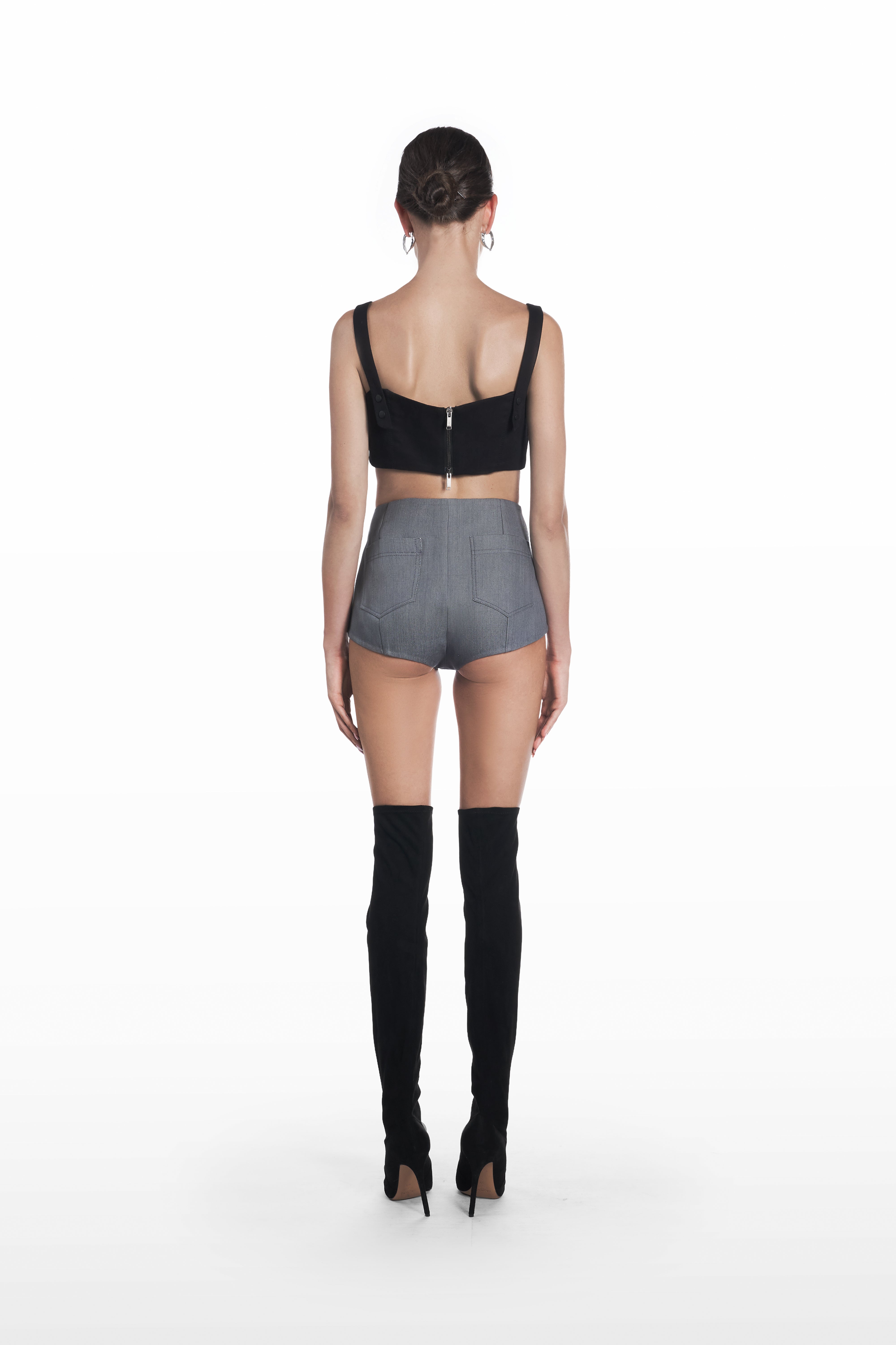 Underwear mini shorts in grey, back view with high-rise fit and structured cotton silhouette