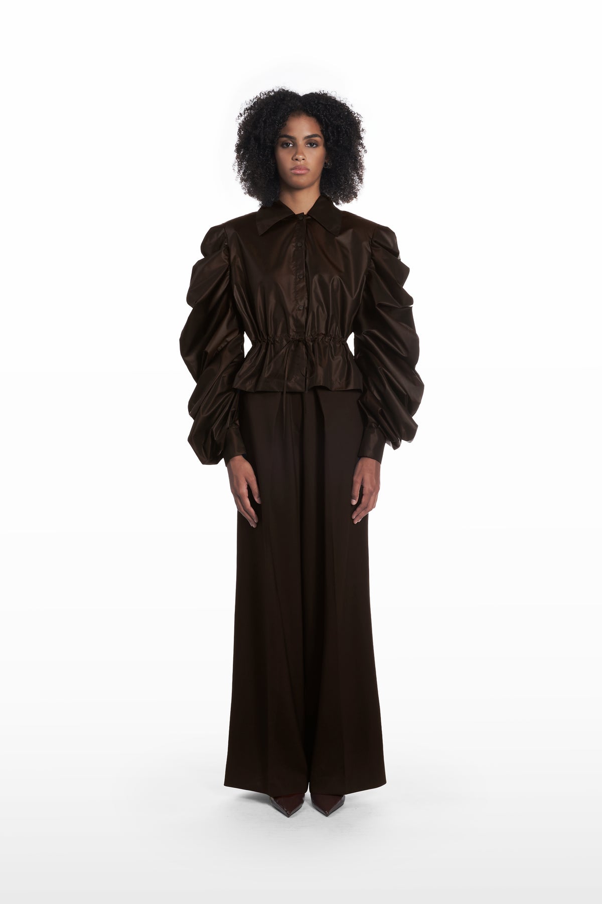 Medusa Silk Parka in dark brown, front view with gathered waist and sculptural voluminous sleeves