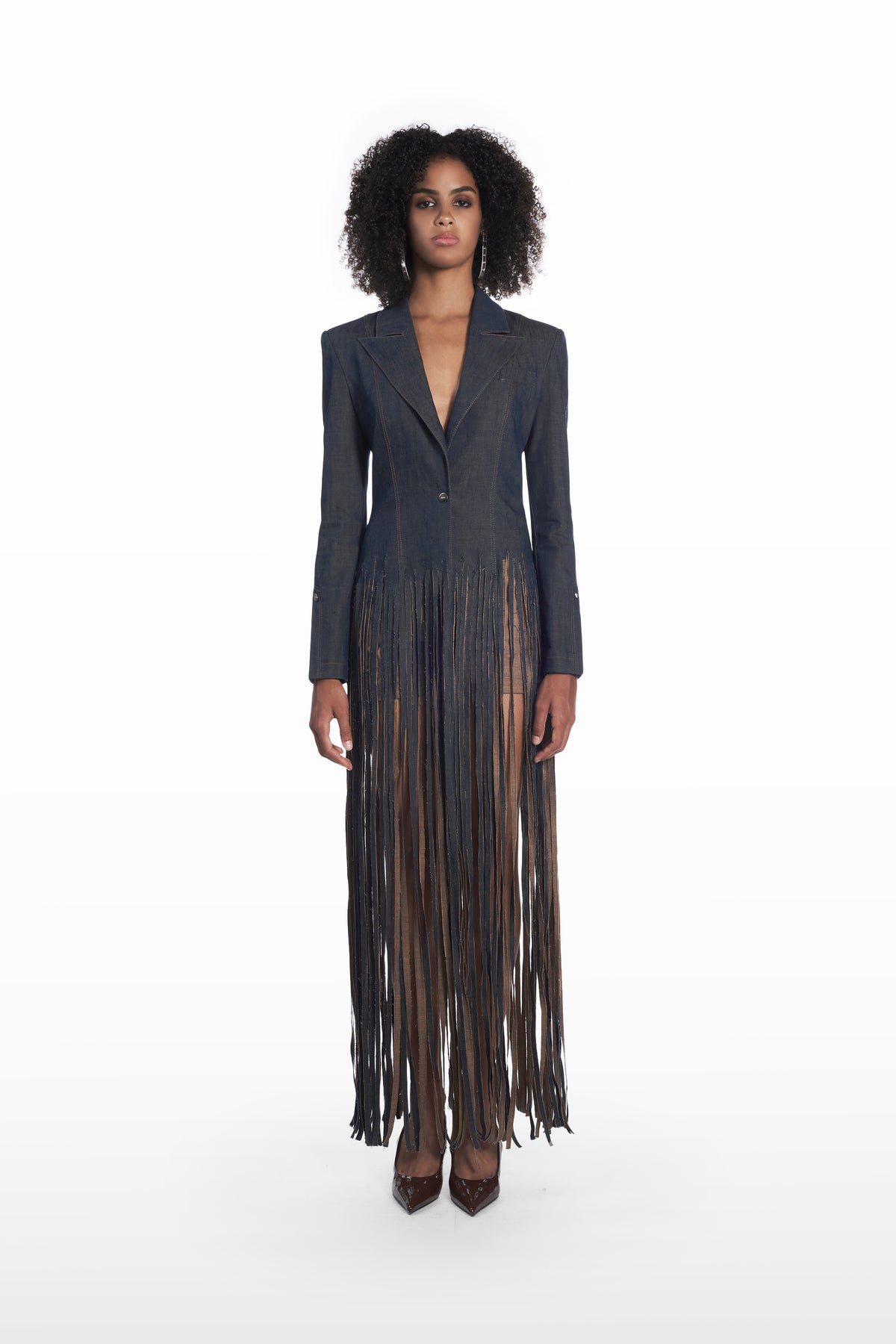Fringe denim coat in dark indigo, front view with long fringe hem and structured shoulders