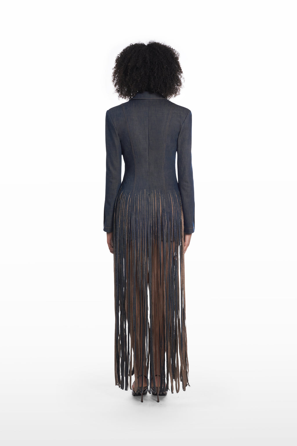 Fringe denim coat in dark indigo, back view with cascading fringe and fitted tailored shape