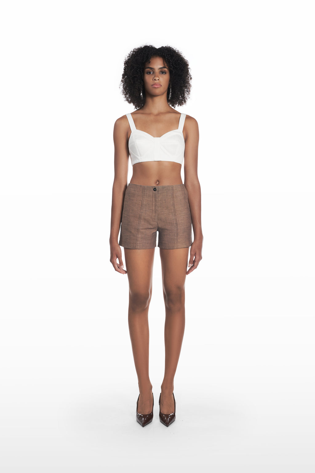 Mini Classic Shorts in brown, front view with clean tailored silhouette styled with a white cropped top