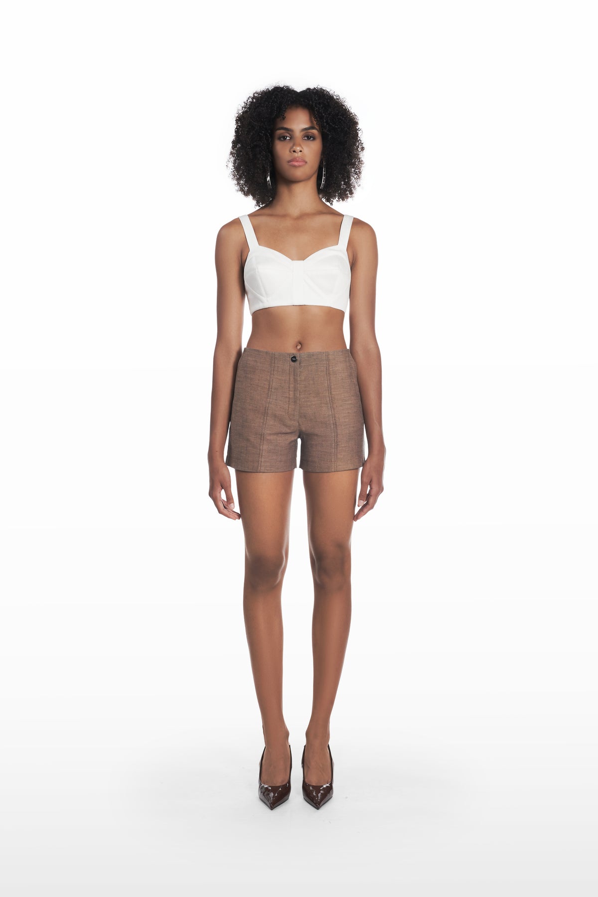 Mini Classic Shorts in brown, front view with clean tailored silhouette styled with a white cropped top