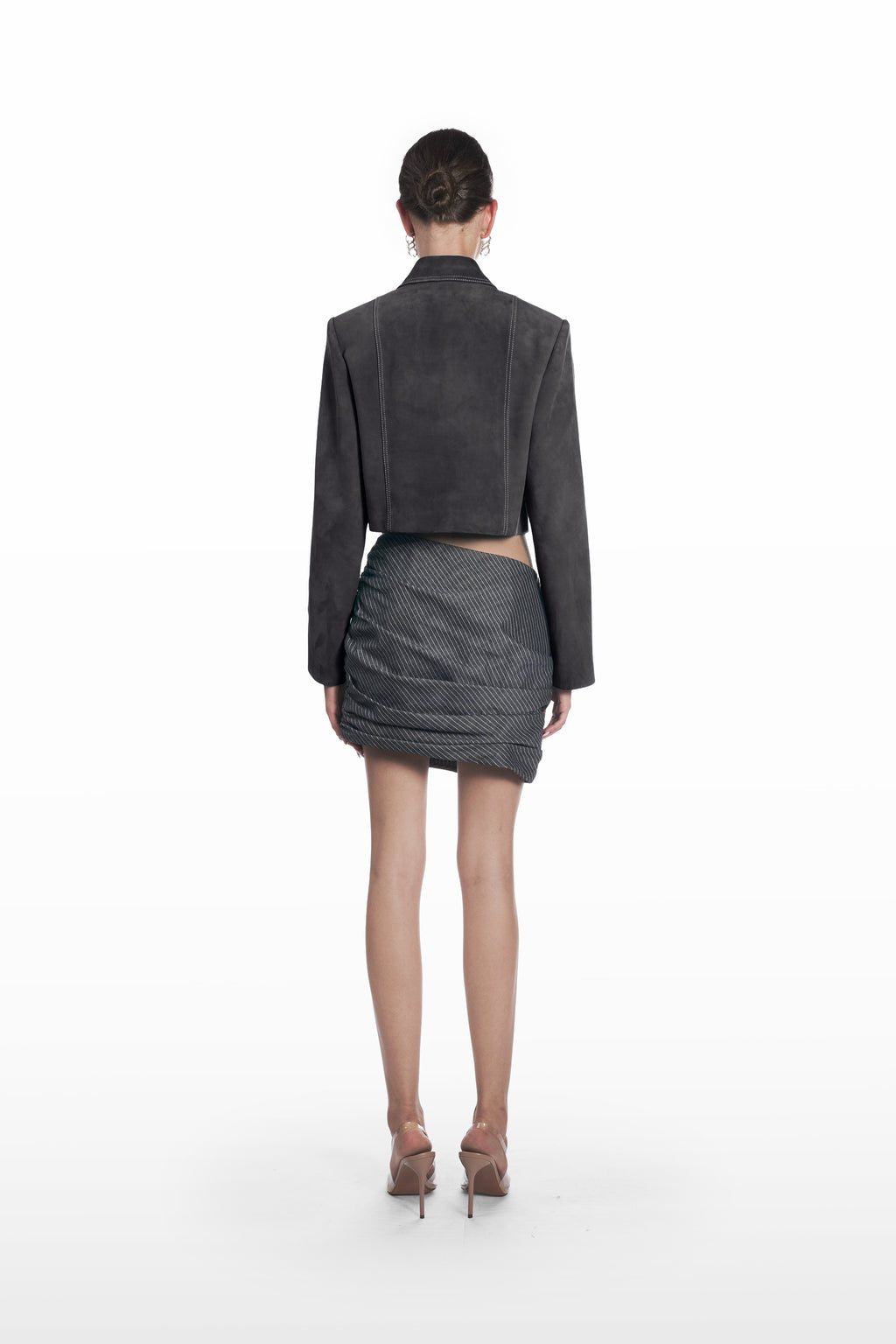 Bustier Suede Jacket in charcoal grey, back view, cropped designer leather jacket with clean tailored lines
