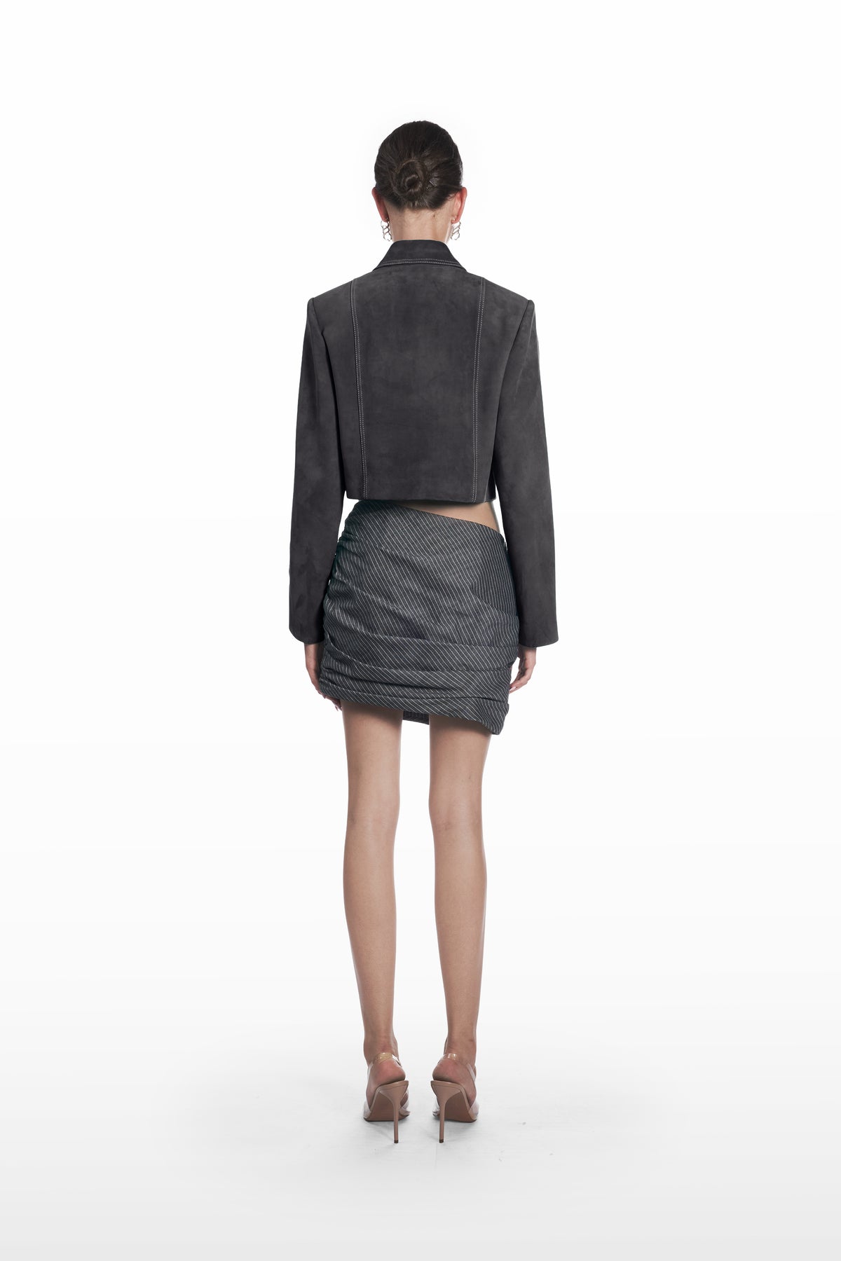 Bustier Suede Jacket in charcoal grey, back view, cropped designer leather jacket with clean tailored lines