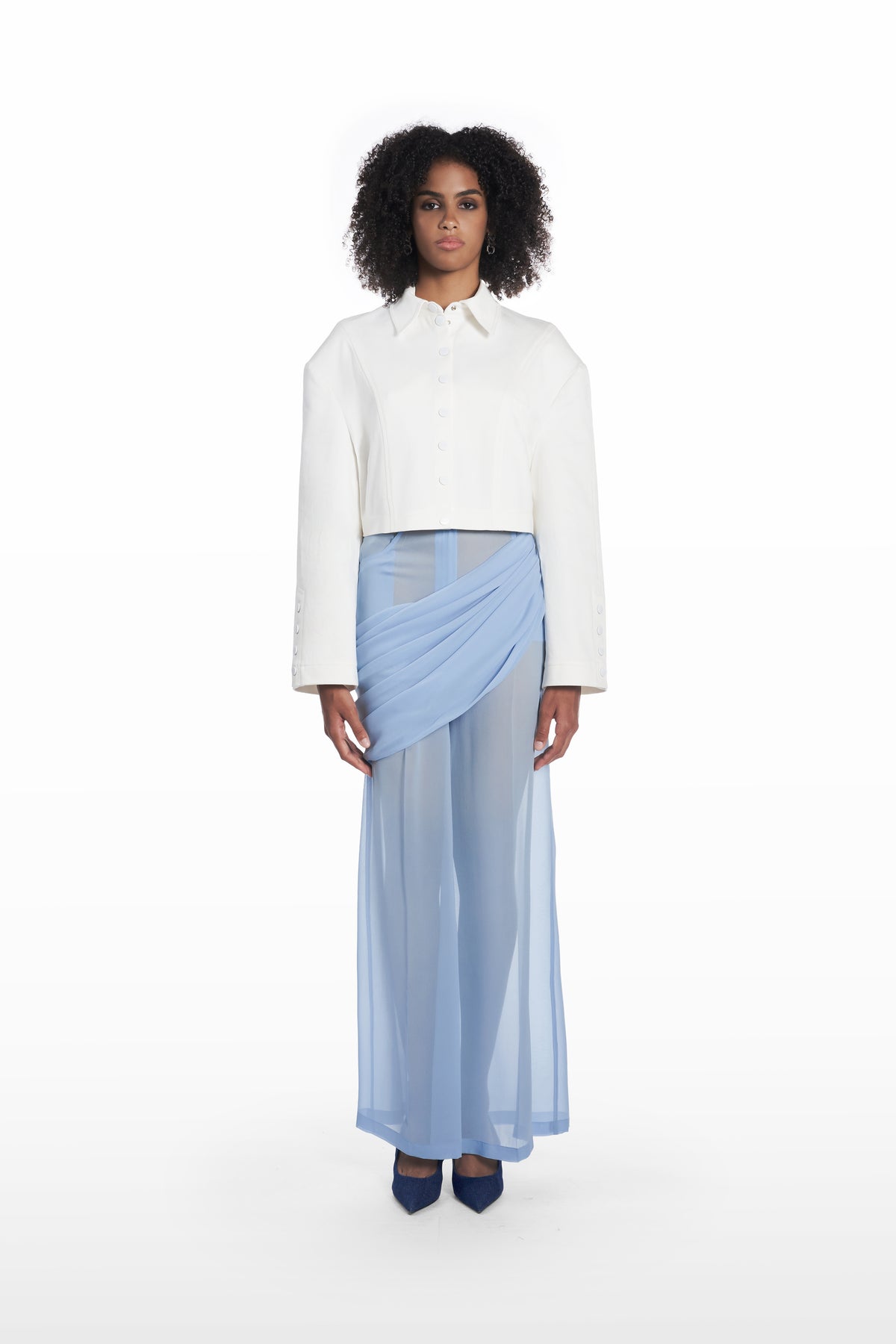 Transparent Palla trousers in clear aqua, front view with sheer silk construction and draped waist detail