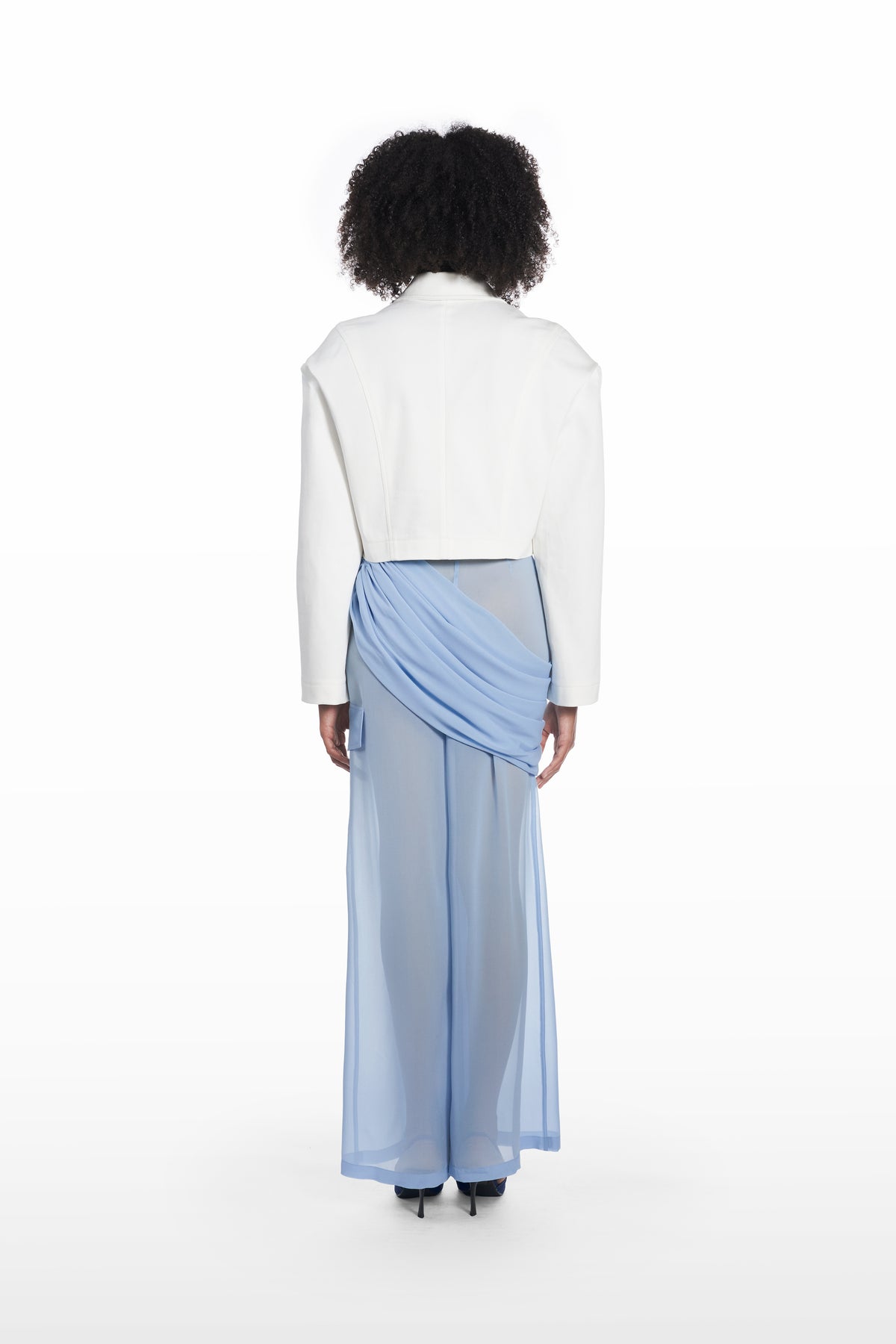 Transparent Palla trousers in clear aqua, back view with sheer silk line and wrapped draped panel
