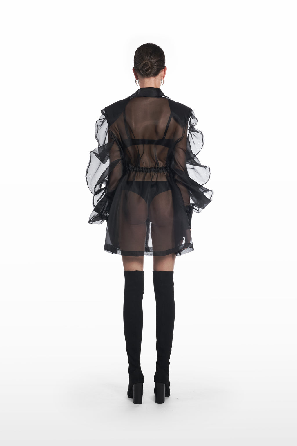 Short Medusa Parkadress in sheer black silk, back view with transparent finish and short silhouette