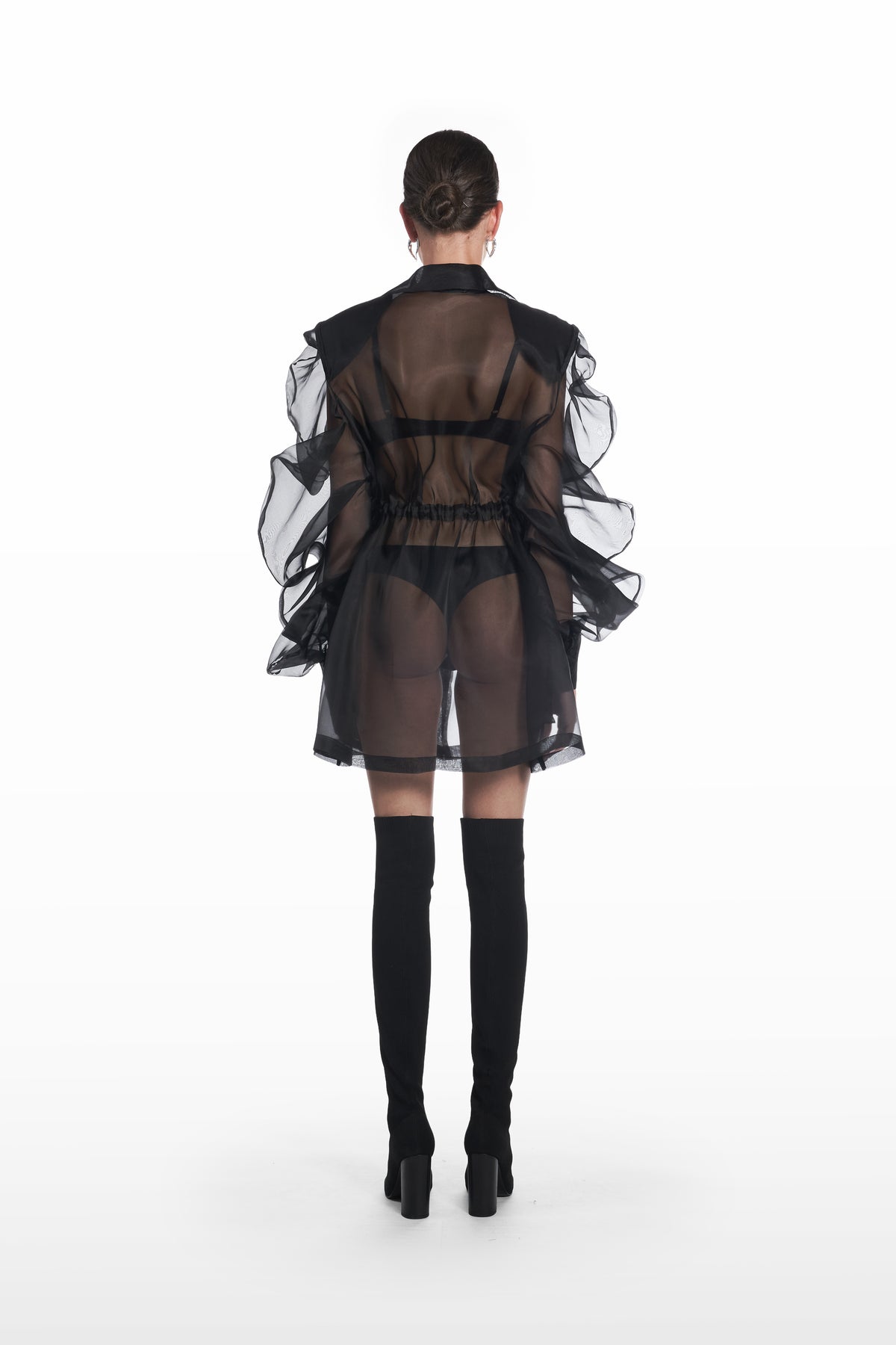Short Medusa Parkadress in sheer black silk, back view with transparent finish and short silhouette