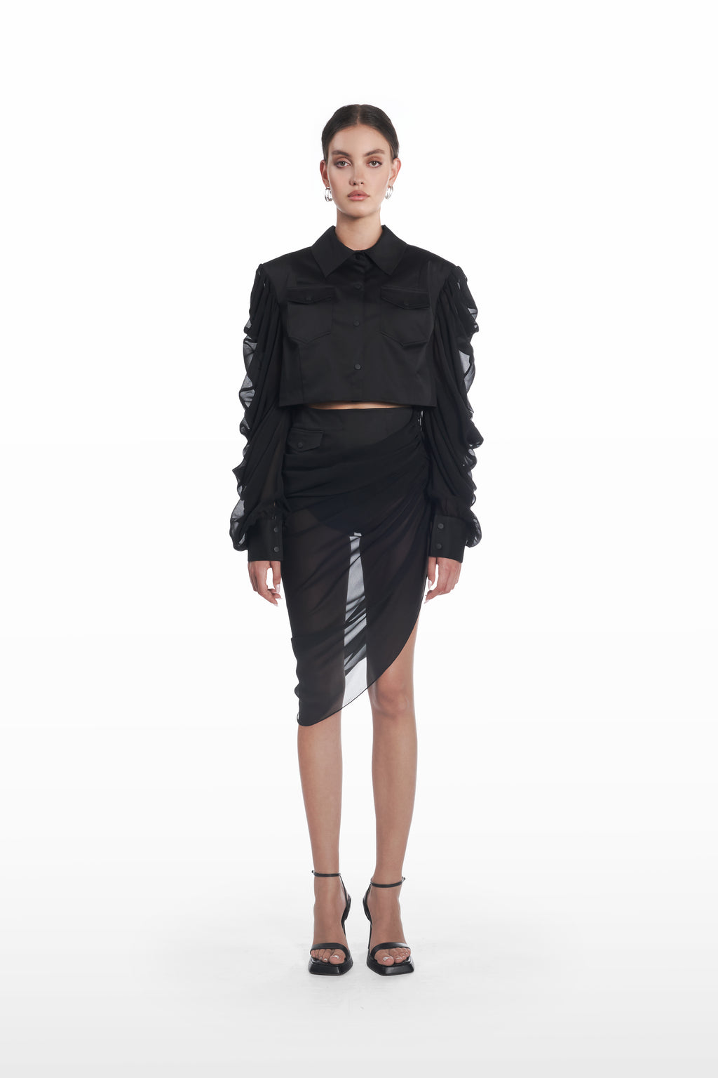 Palla Fringe Skirt in ivory, front view, draped designer skirt with long fringe hem