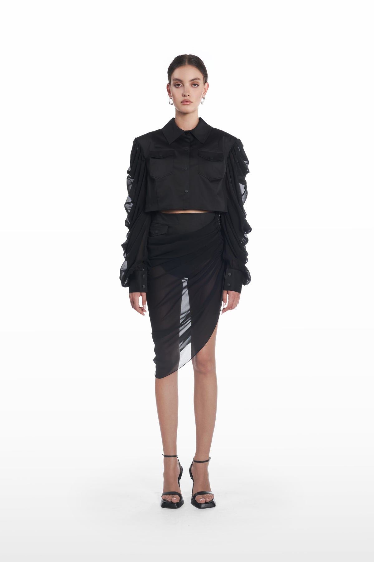 Palla Fringe Skirt in ivory, front view, draped designer skirt with long fringe hem